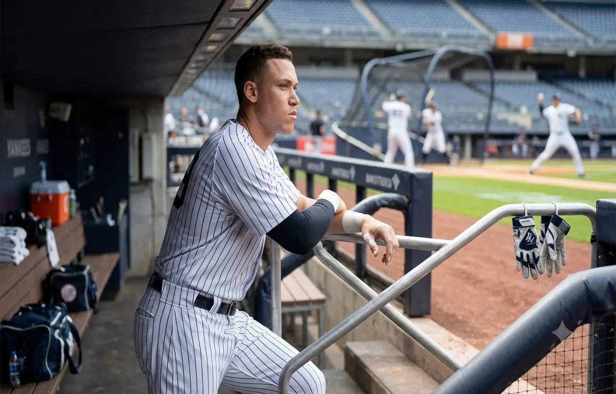 Aaron Judge permanece junto al dugout con uniforme de los Yankees mientras observa el terreno de juego con expresión seria.