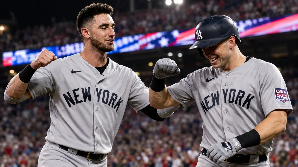 Ilustración editorial de Cody Bellinger y Ben Rice celebrando con uniformes de los Yankees dentro de un estadio de béisbol.