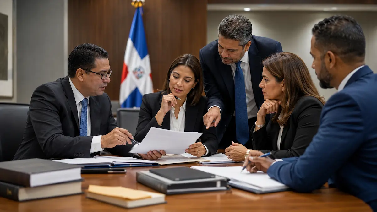 Ilustración editorial de cinco personas revisando documentos en una sala de juntas con bandera dominicana