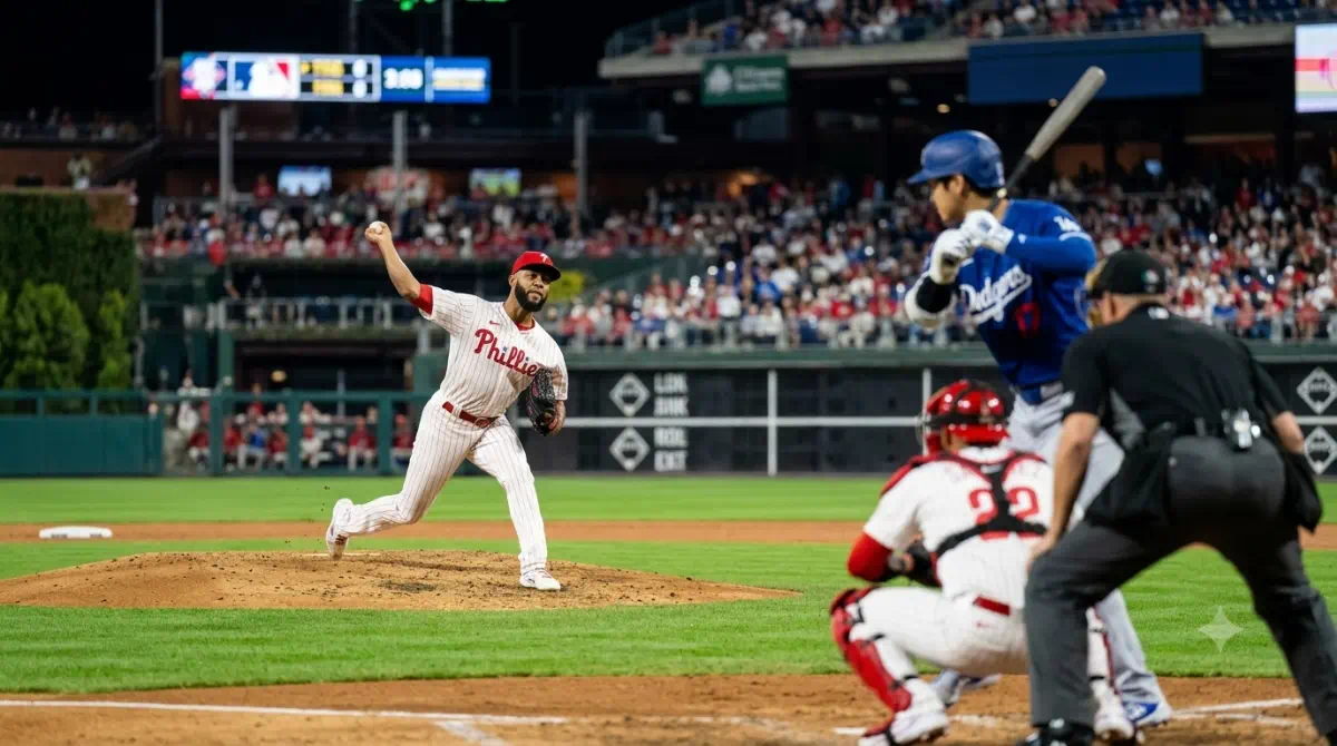 Cristopher Sánchez realiza un lanzamiento desde el montículo mientras Shohei Ohtani espera su turno en el plato.
