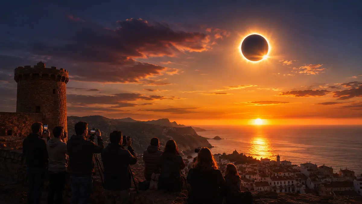 Ilustración editorial de observadores fotografiando un eclipse sobre un pueblo costero al atardecer