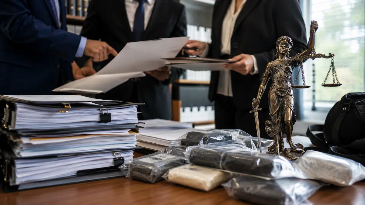 Ilustración editorial de funcionarios revisando expedientes junto a paquetes sellados y una estatua de la Justicia.