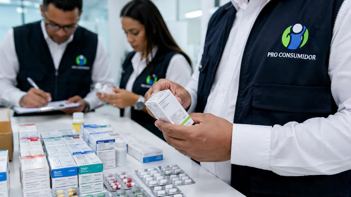 Ilustración editorial de tres funcionarios revisando medicamentos y documentos en una oficina institucional.