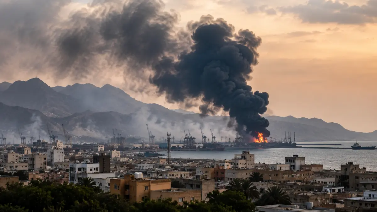 Ilustración editorial de ciudad costera con incendio y columna de humo negro cerca del puerto