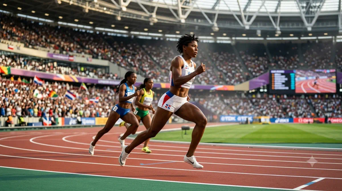 Marileidy Paulino corre por una pista de atletismo con uniforme dominicano mientras el público observa desde las gradas.