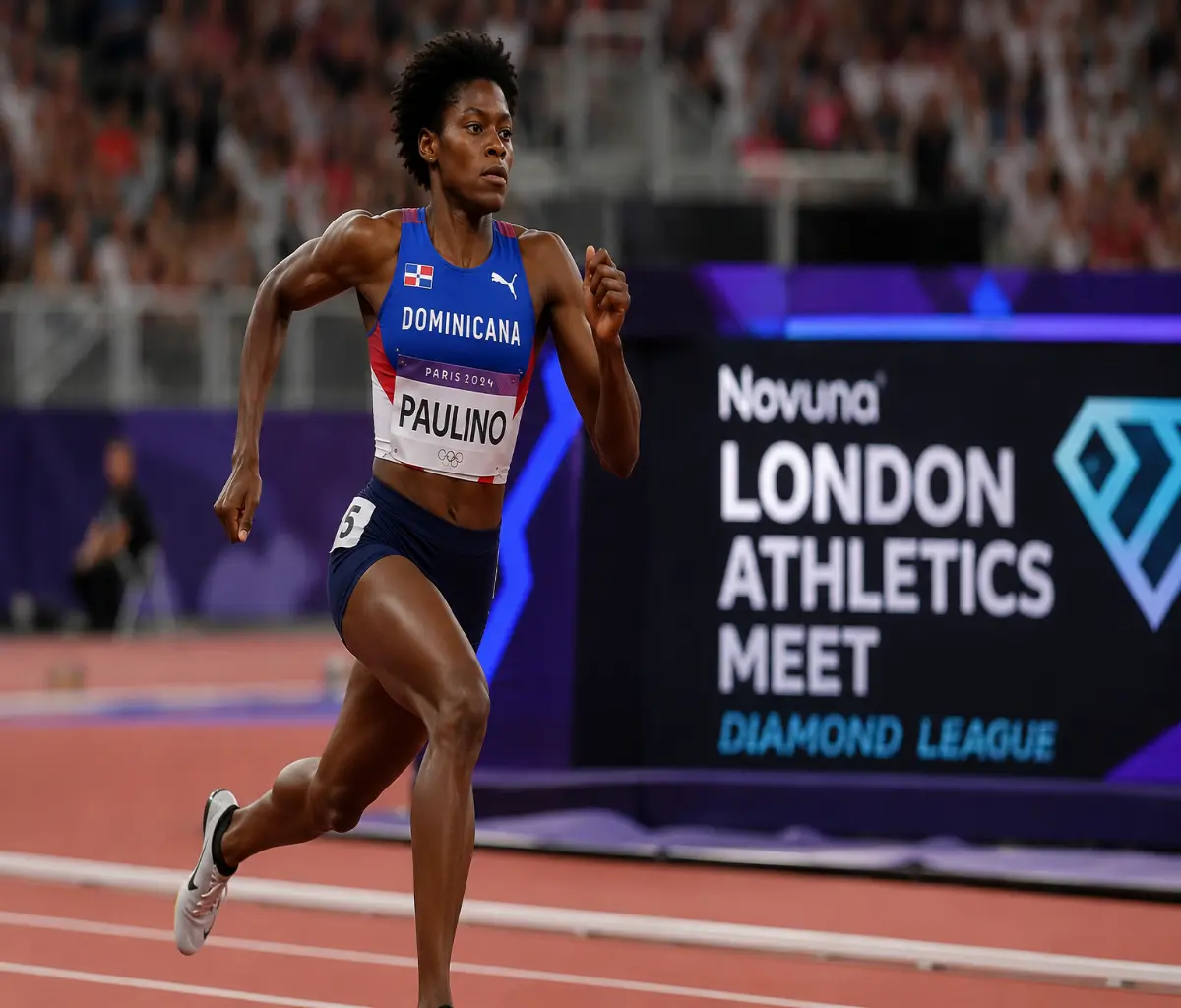 Marileidy Paulino corre con uniforme dominicano por una pista de atletismo durante una competencia internacional.