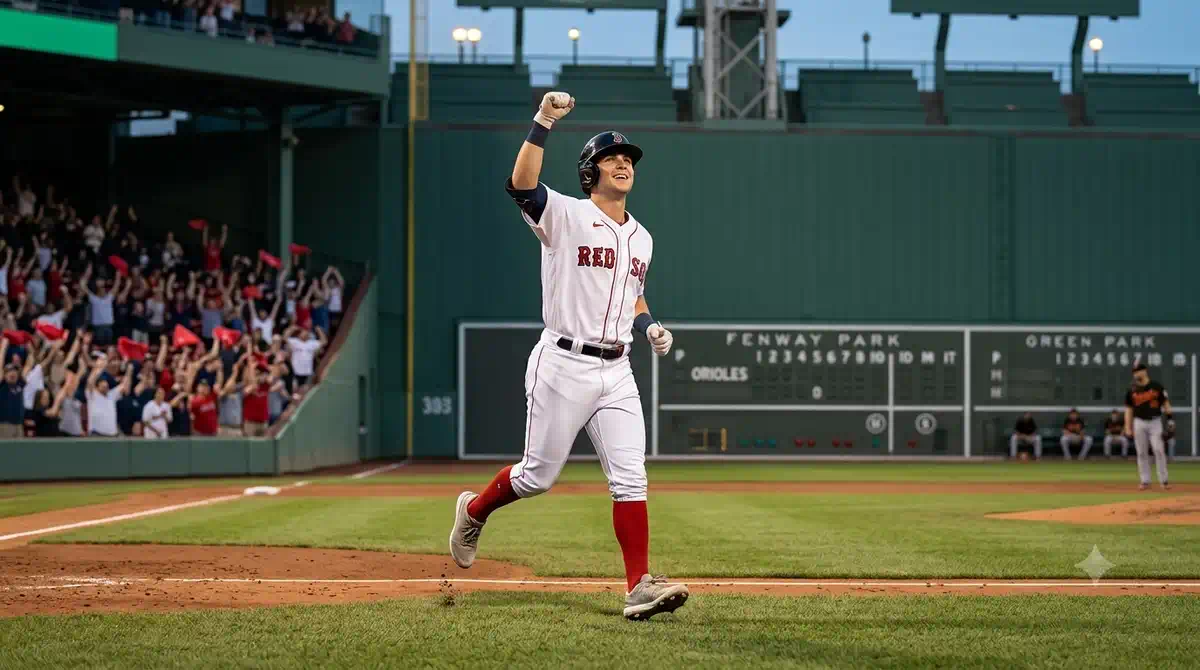 Caleb Durbin recorre las bases con uniforme de Boston mientras sus compañeros observan desde el dugout en Fenway Park.