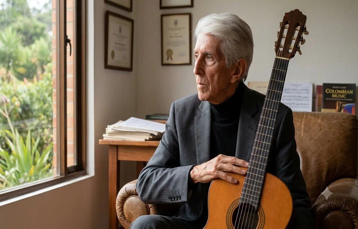 Héctor Ochoa sostiene una guitarra en un ambiente interior mientras observa hacia un costado con expresión serena. [1]: "Muere a los 91 años Héctor Ochoa, compositor del emblemático tema \"El camino de la vida\""