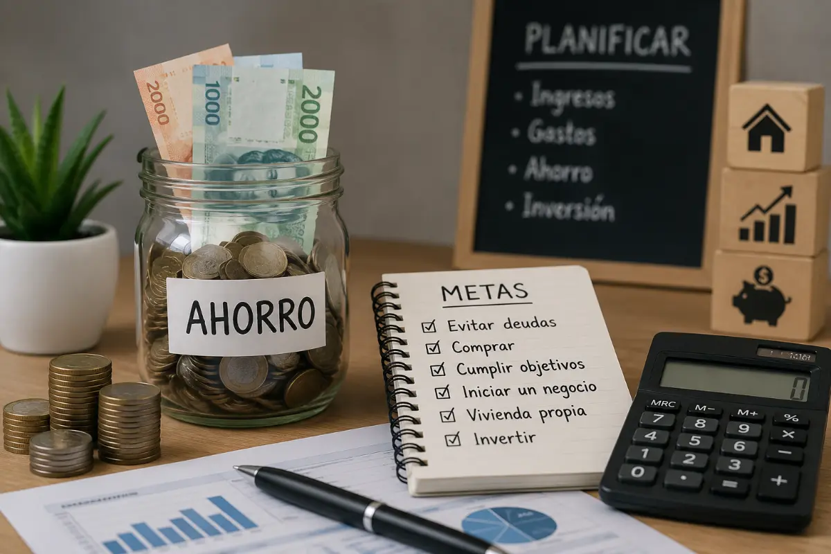 Una persona coloca monedas dentro de un frasco de ahorro situado junto a una libreta, una calculadora y varios billetes.