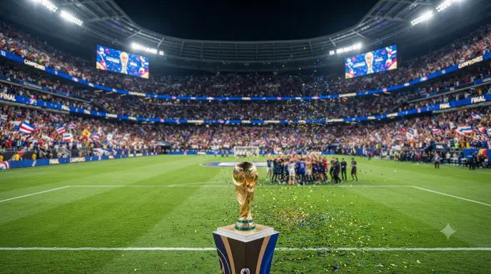 El trofeo de la Copa del Mundo aparece sobre el césped de un estadio iluminado, con aficionados y banderas al fondo.