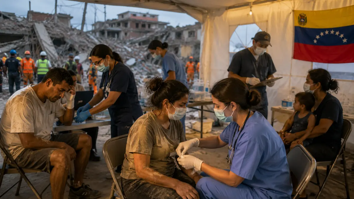 Ilustración editorial de personal médico atendiendo heridos en una carpa junto a edificios derrumbados